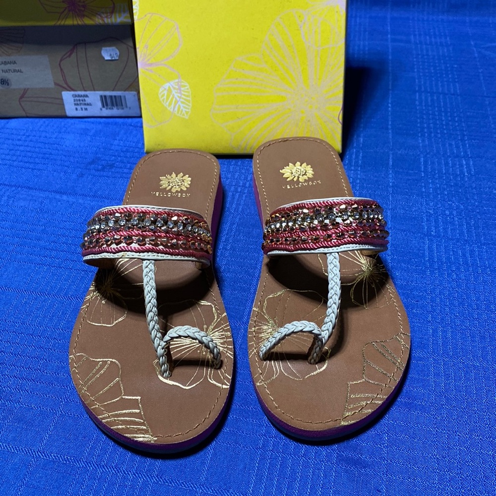 Yellow box flip flops, natural & pink, new